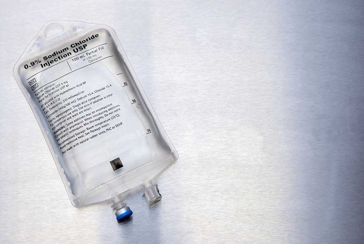 Saline IV Bag on Stainless Steel Counter