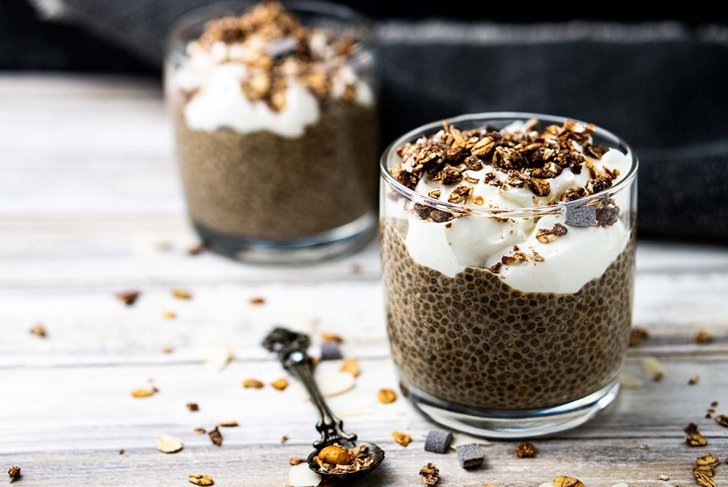 Chia seed pudding made with yogurt dan oats with extreme shallow depth of field.